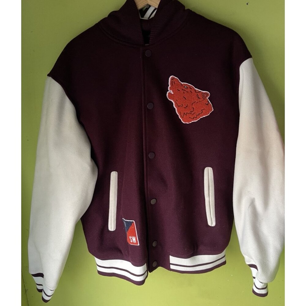 Zara Letterman Jacket Burgundy White Cream Wolf Men’s Jacket Sz Large NWT